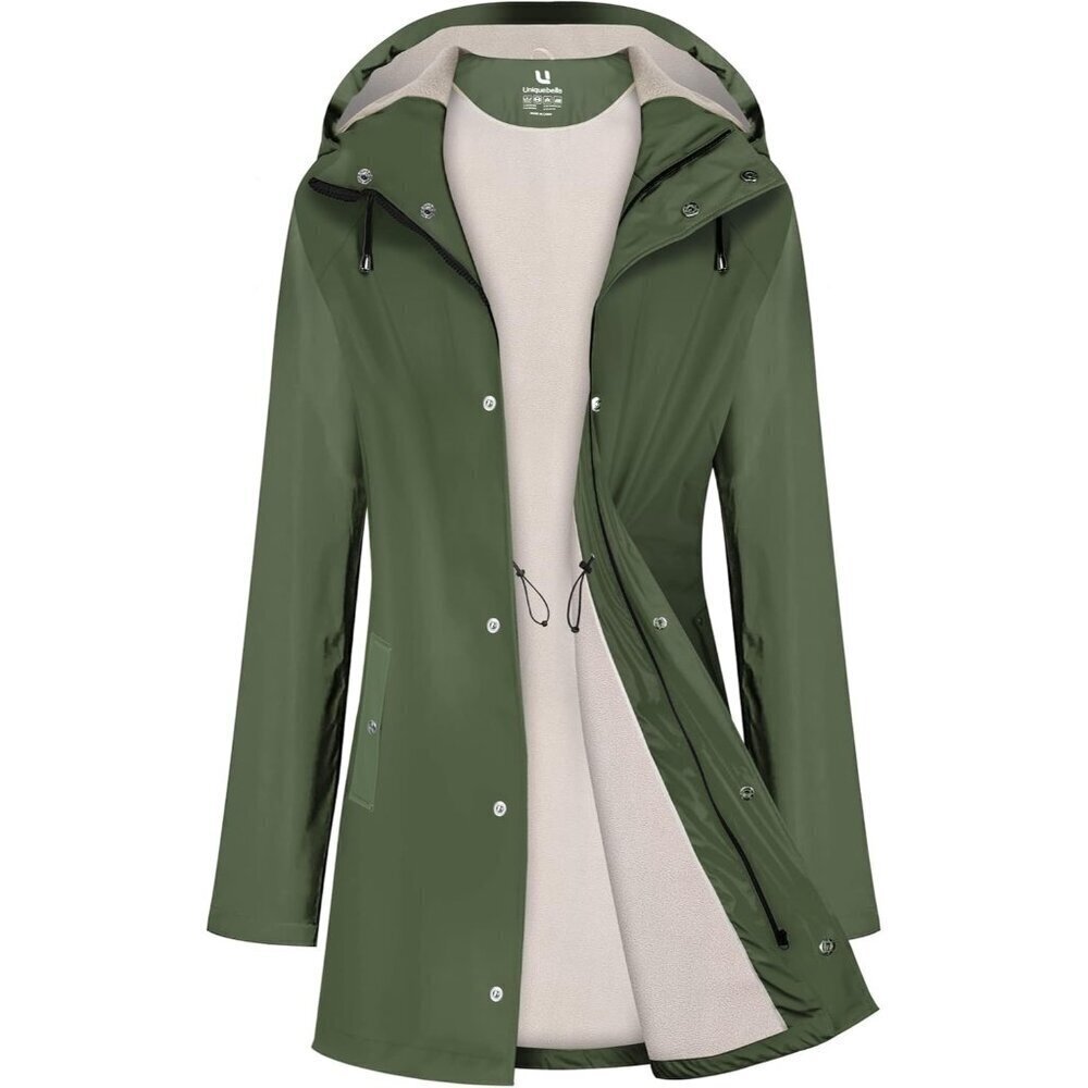 Women Green Fleece  Long Hooded Waterproof Rain Windbreaker Trench Coat Outdoor